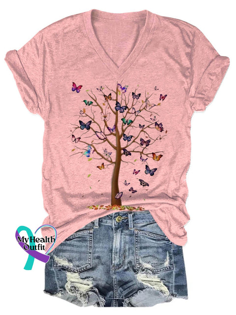 Butterfly Tree Art Casual T-Shirt Pink / S