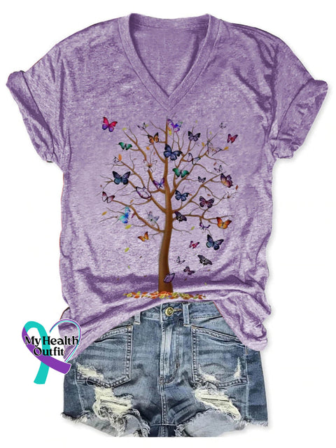 Butterfly Tree Art Casual T-Shirt Purple / S