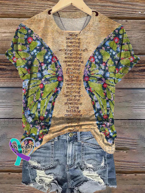 Butterfly Wings Text Print Casual Crew Neck Short Sleeve T-Shirt Multicolor / S