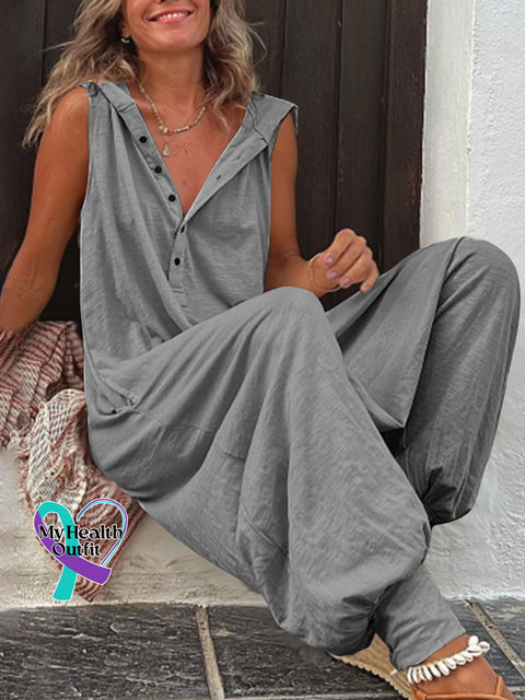 Buttoned Hooded Sleeveless Pants Jumpsuit Light Gray / S