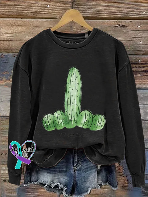 Cactus Print Casual Sweatshirt Black / S