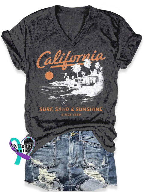 California Surf Sand Sunshine Vacation Art Print Casual T-Shirt Black / S