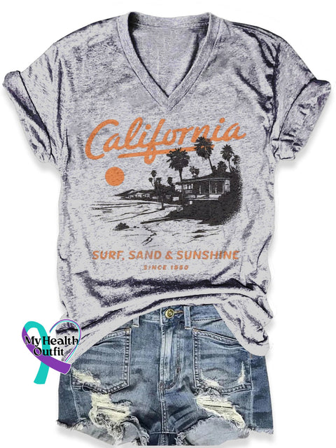 California Surf Sand Sunshine Vacation Art Print Casual T-Shirt Grey / S