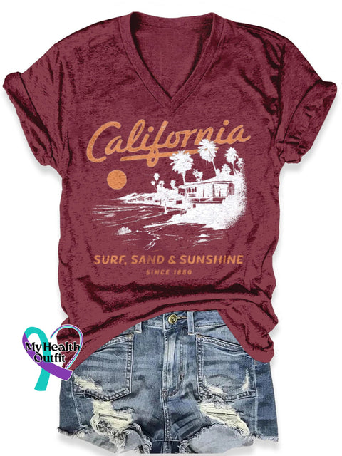 California Surf Sand Sunshine Vacation Art Print Casual T-Shirt Maroon / S