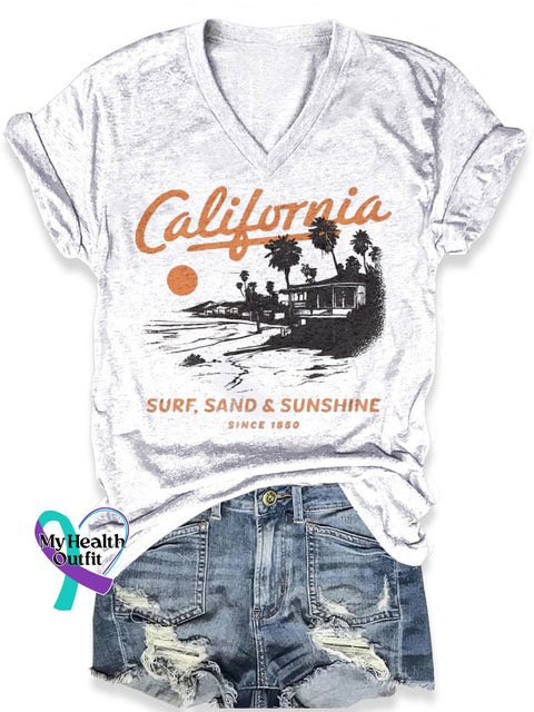 California Surf Sand Sunshine Vacation Art Print Casual T-Shirt White / S