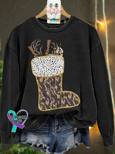 Camo Christmas Stocking Casual Sweatshirt Black / S