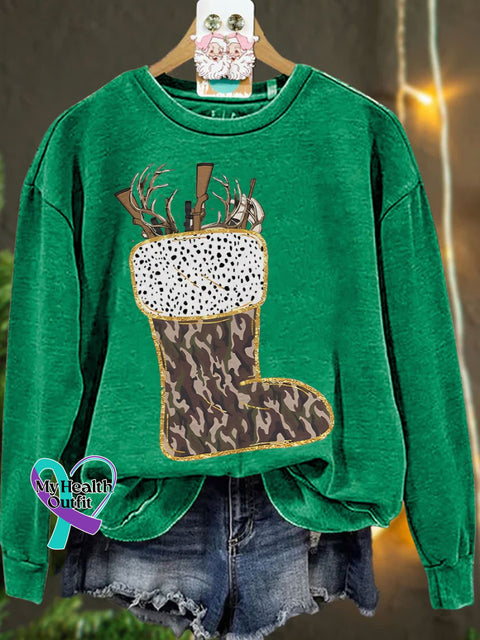 Camo Christmas Stocking Casual Sweatshirt Green / S