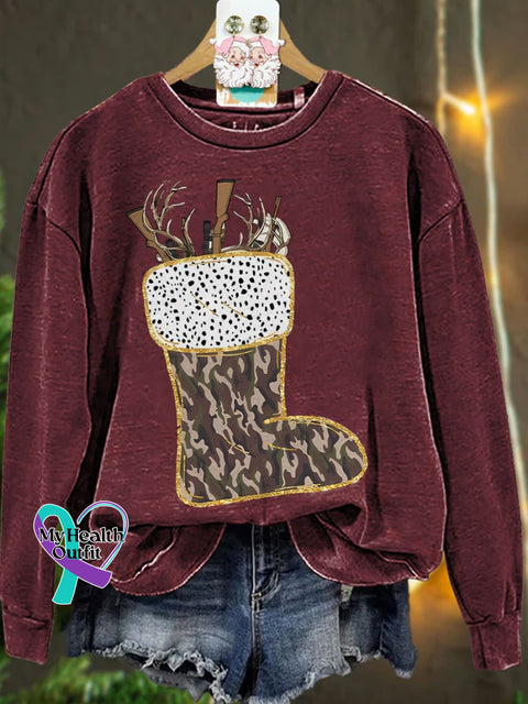 Camo Christmas Stocking Casual Sweatshirt Maroon / S