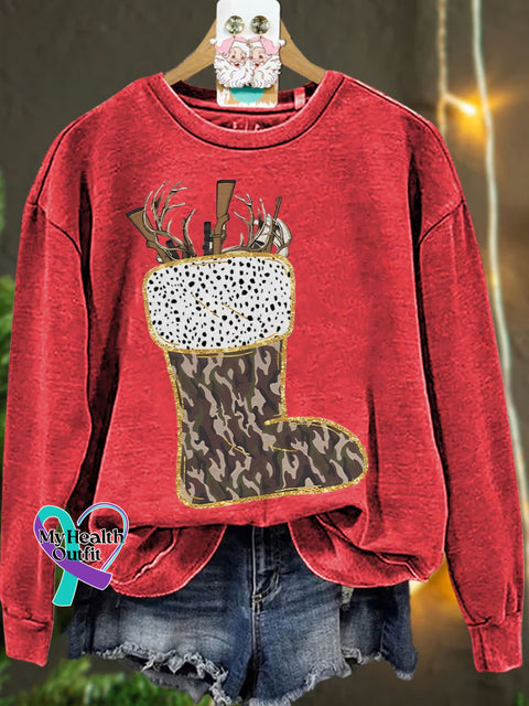 Camo Christmas Stocking Casual Sweatshirt Red / S