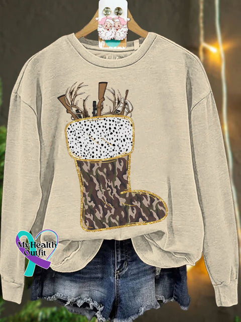 Camo Christmas Stocking Casual Sweatshirt Sand / S
