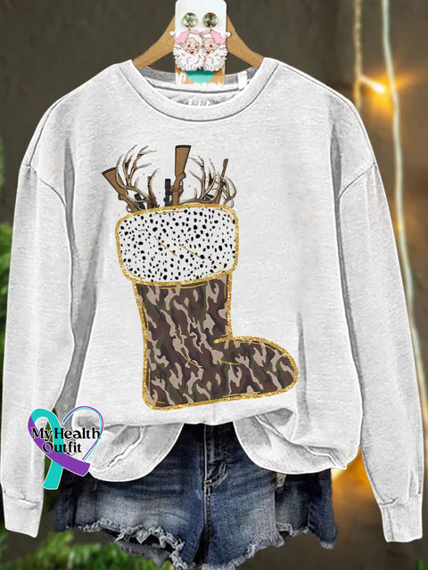 Camo Christmas Stocking Casual Sweatshirt White / S