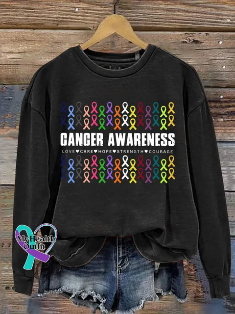 Cancer Awareness Love Care Hope Strength Courage Print Casual Sweatshirt Black / S