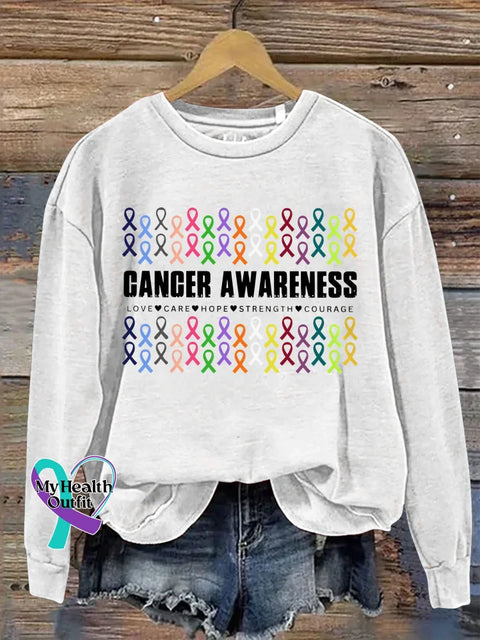 Cancer Awareness Love Care Hope Strength Courage Print Casual Sweatshirt White / S