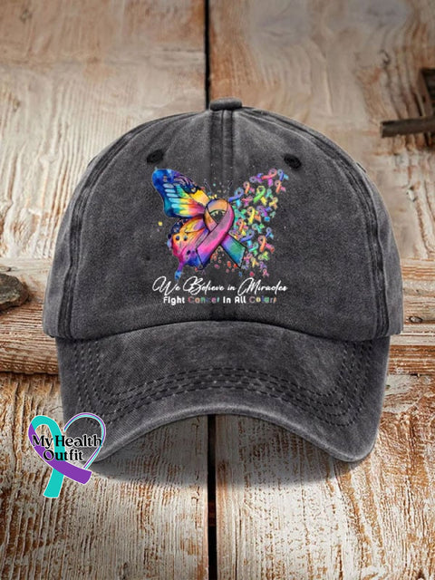 Cancer Butterfly Ribbon We Believe In Miracles Fight In All Color Sun Hat Black / One-Size