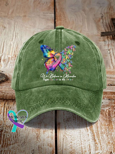 Cancer Butterfly Ribbon We Believe In Miracles Fight In All Color Sun Hat Green / One-Size