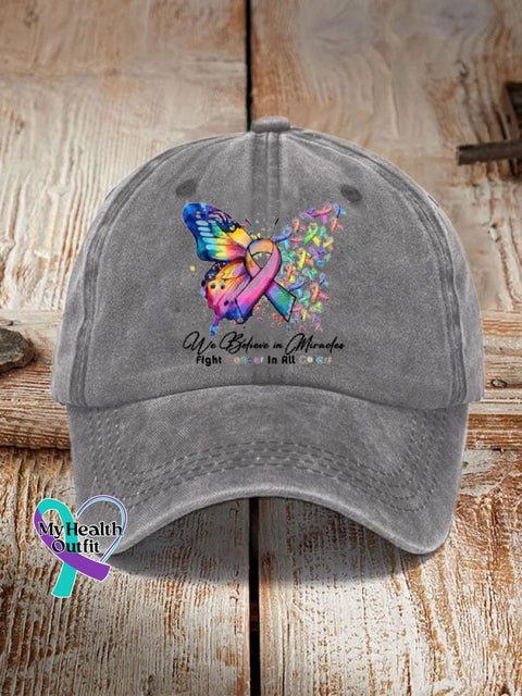 Cancer Butterfly Ribbon We Believe In Miracles Fight In All Color Sun Hat Light Grey / One-Size