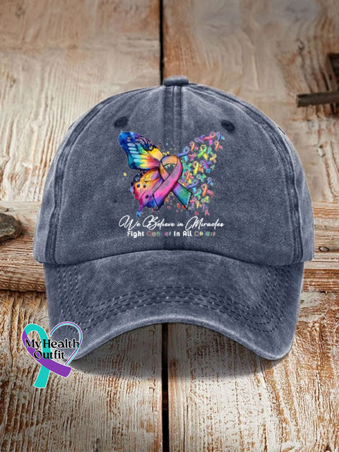 Cancer Butterfly Ribbon We Believe In Miracles Fight In All Color Sun Hat Navy / One-Size