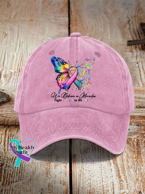 Cancer Butterfly Ribbon We Believe In Miracles Fight In All Color Sun Hat Pink / One-Size