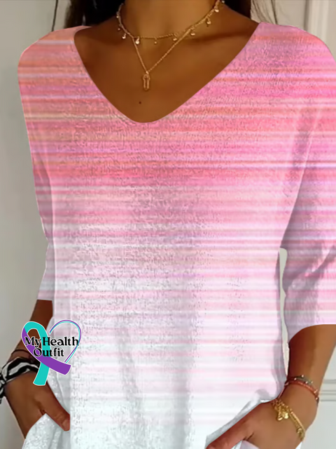 Casual Abstract Stripes V Neck Three Quarter Sleeve T-shirt /new-trends