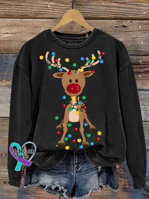 Casual Christmas Deer Light Print Sweatshirt Black / S
