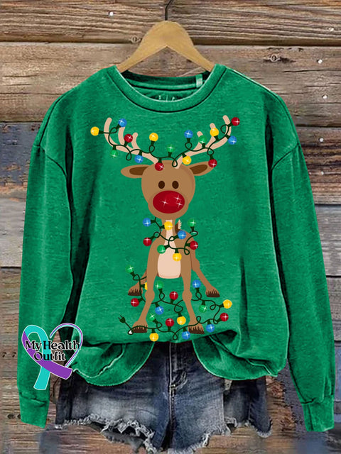 Casual Christmas Deer Light Print Sweatshirt Green / S