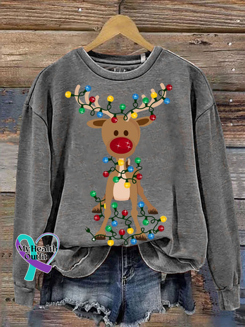 Casual Christmas Deer Light Print Sweatshirt Grey / S