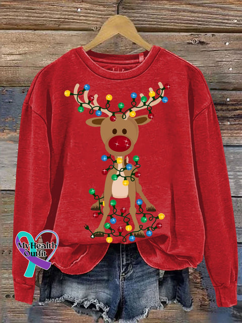 Casual Christmas Deer Light Print Sweatshirt Red / S
