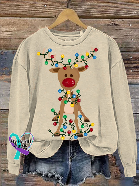 Casual Christmas Deer Light Print Sweatshirt Sand / S
