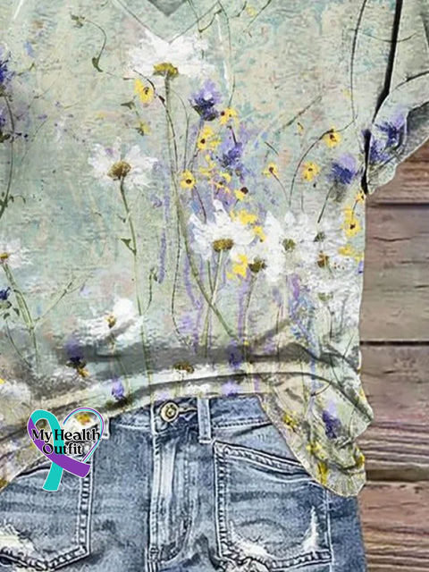 Casual Floral V Neck Short Sleeve T-shirt