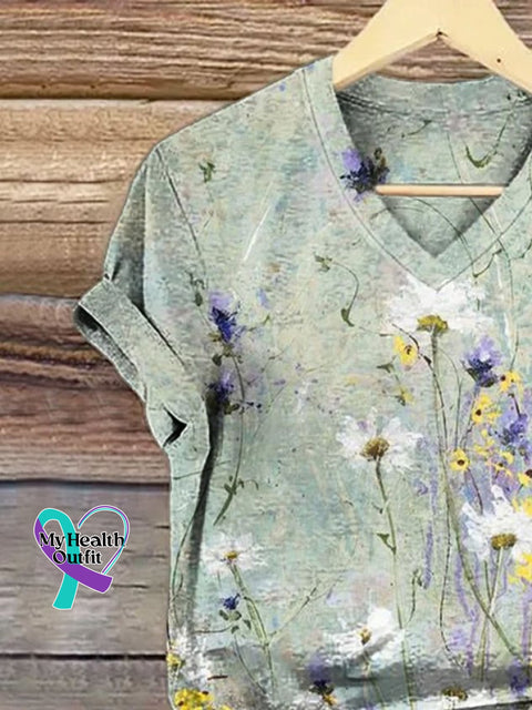 Casual Floral V Neck Short Sleeve T-shirt