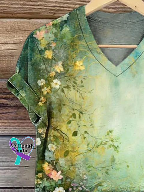 Casual Floral V Neck Short Sleeve T-shirt