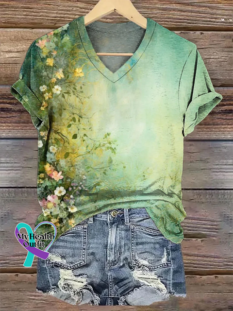 Casual Floral V Neck Short Sleeve T-shirt Green / S(4)