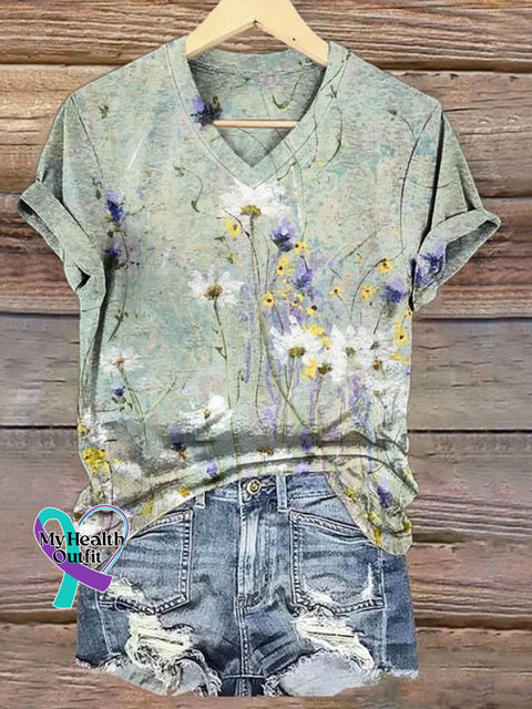 Casual Floral V Neck Short Sleeve T-shirt Green / S