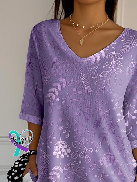 Casual Floral V Neck Three Quarter Sleeve T-shirt /new-trends