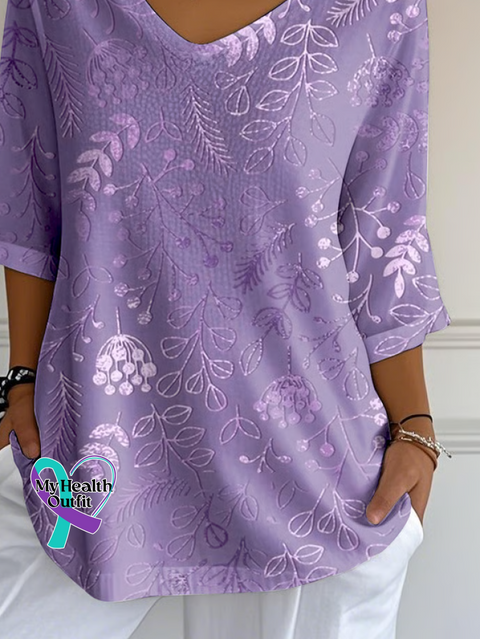 Casual Floral V Neck Three Quarter Sleeve T-shirt /new-trends