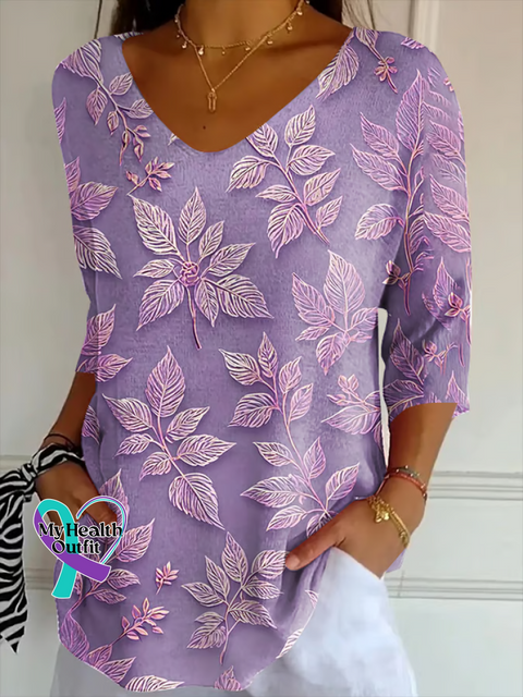 Casual Floral V Neck Three Quarter Sleeve T-shirt Purple / S(4-8) /new-trends