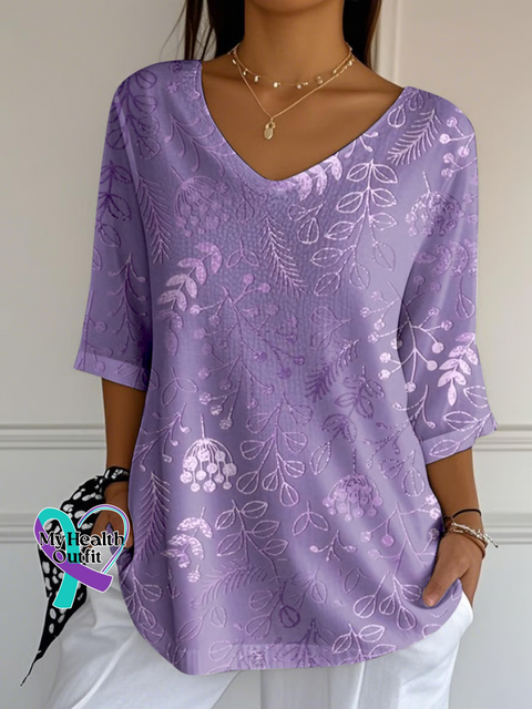Casual Floral V Neck Three Quarter Sleeve T-shirt Purple / S(4-8) /new-trends