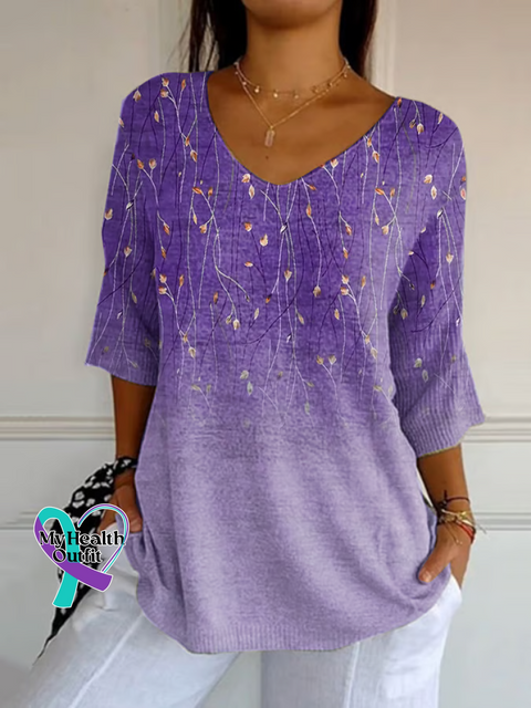Casual Floral V Neck Three Quarter Sleeve T-shirt Purple / S(4-8) /new-trends
