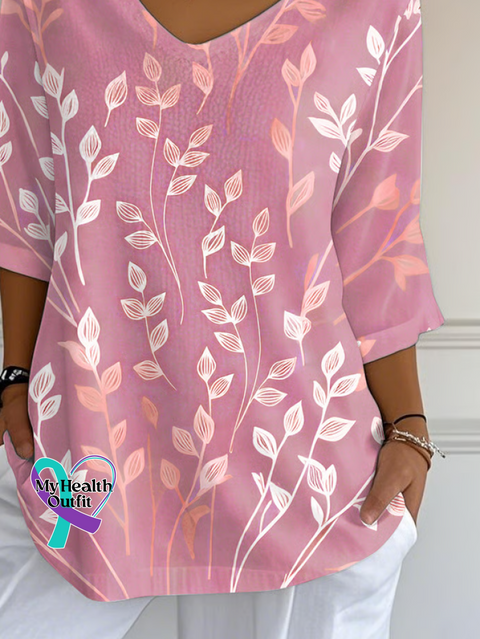 Casual Leaves Art Print V Neck 3/4 Length Sleeve T-shirt /new-trends