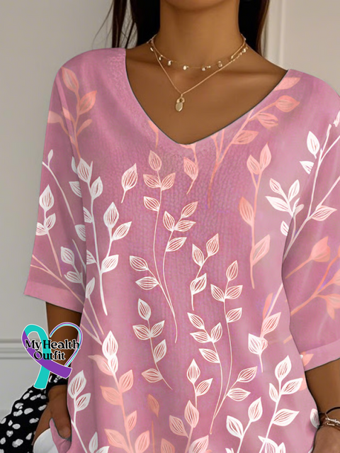 Casual Leaves Art Print V Neck 3/4 Length Sleeve T-shirt /new-trends
