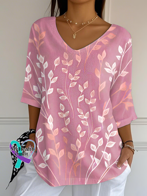 Casual Leaves Art Print V Neck 3/4 Length Sleeve T-shirt Pink / S(4-8) /new-trends