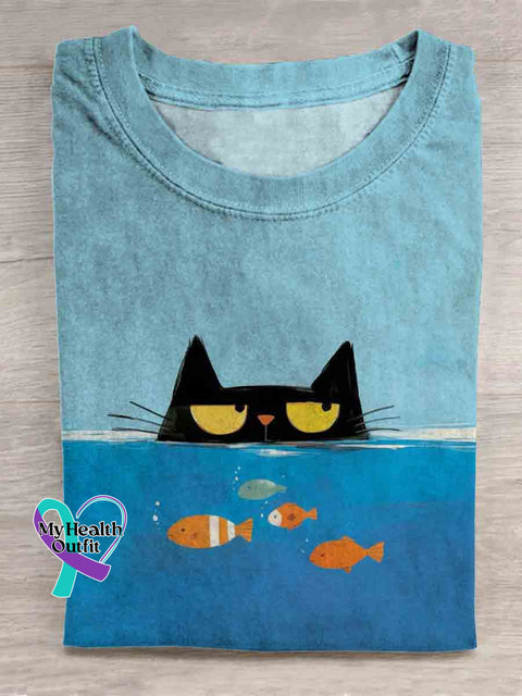 Cat And Fish Casual T-Shirt Multicolor / S