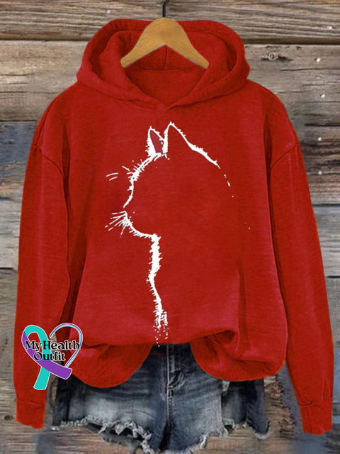 Cat Art Print Casual Hoodie Sweatshirt Red / S
