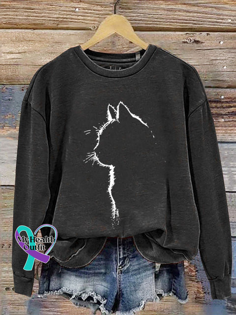 Cat Art Print Casual Sweatshirt Black / S