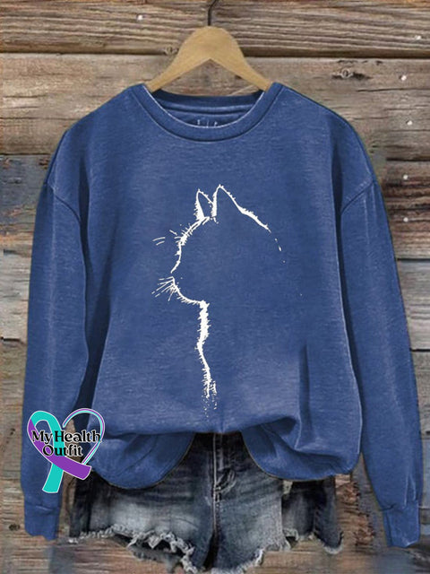 Cat Art Print Casual Sweatshirt Blue / S