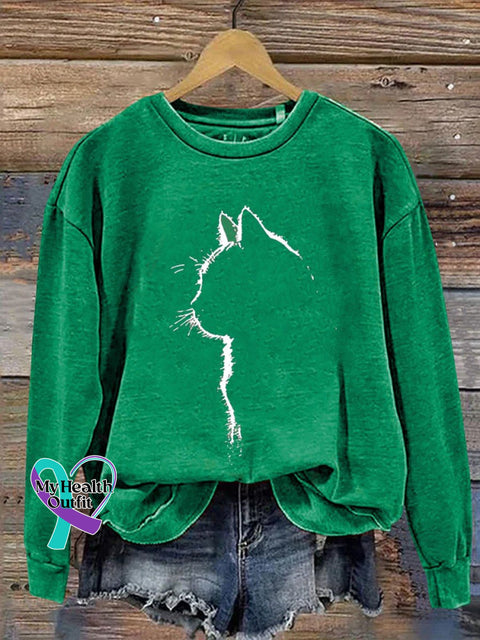 Cat Art Print Casual Sweatshirt Green / S