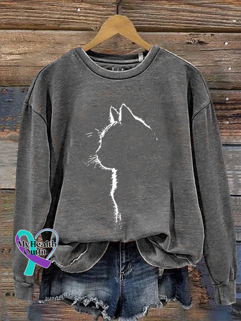 Cat Art Print Casual Sweatshirt Grey / S