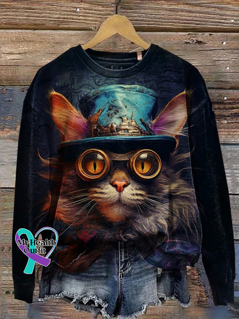Cat Art Print Casual Sweatshirt Multicolor / S