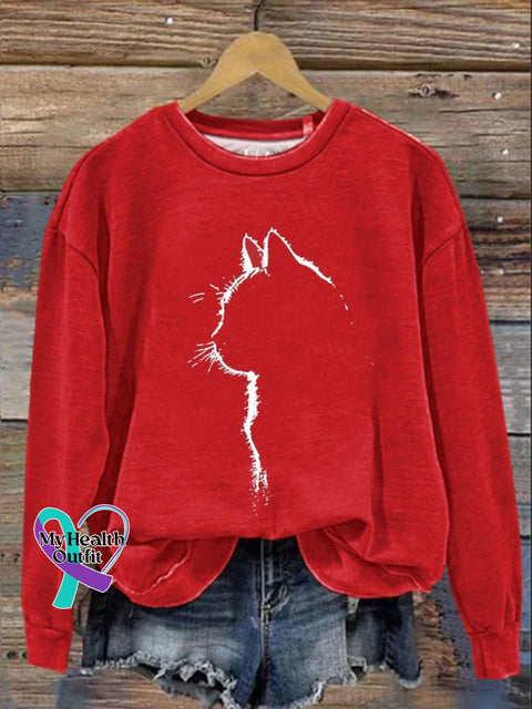 Cat Art Print Casual Sweatshirt Red / S