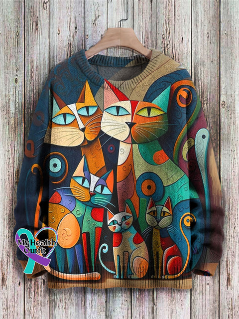 Cat Art Print Knit Pullover Sweater As Picture / S